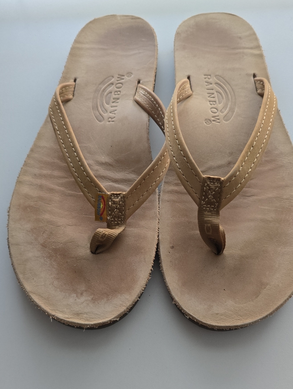 Rainbow Leather Flip Flops - Tan Women's Sandals Size 8